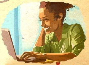 Woman smiling at Coach on the Computer